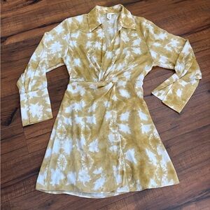 H&M Satin Like Wrap Shirt Dress Watercolor Gold White Small Collared Cloud Wash